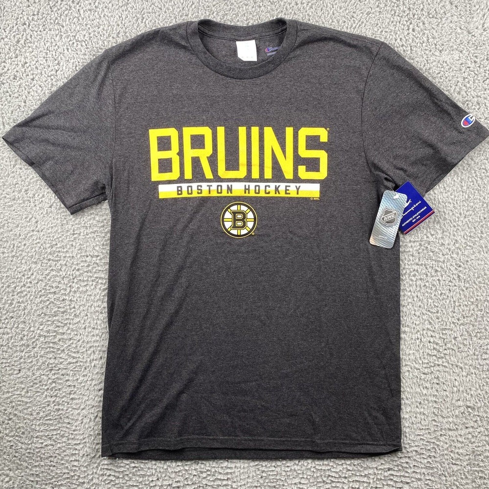 NWT Champion Mens Bruns Boston Hockey Gray Crew Neck T-Shirt Gray Yellow Medium